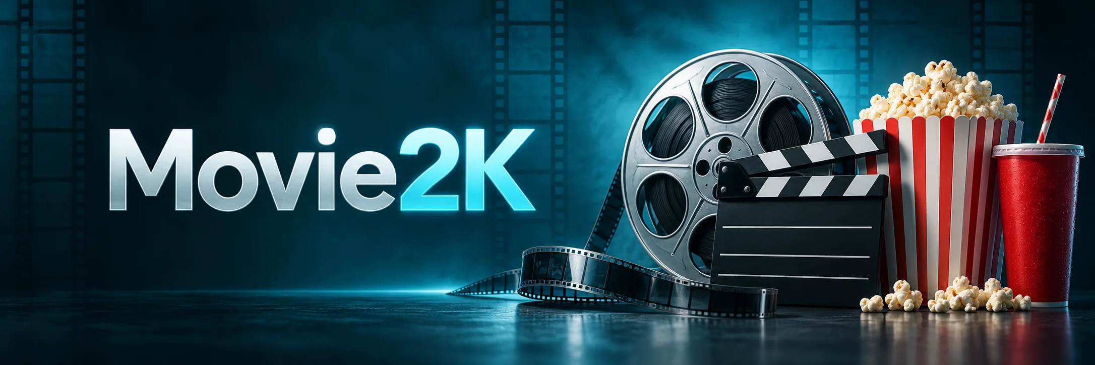 Movie2K silver and cyan wordmark beside a cinema reel, clapperboard and popcorn